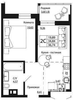 1-к квартира, строящийся дом, 37м2, 8/24 этаж