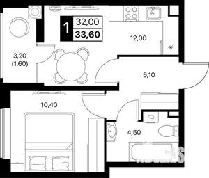 1-к квартира, вторичка, 34м2, 2/12 этаж