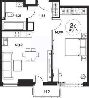 2-к квартира, вторичка, 42м2, 8/25 этаж