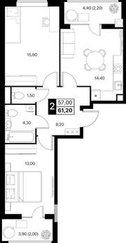 2-к квартира, вторичка, 61м2, 2/12 этаж
