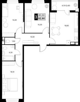 3-к квартира, вторичка, 83м2, 3/20 этаж