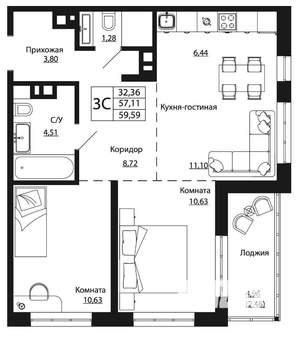 2-к квартира, строящийся дом, 59м2, 22/24 этаж