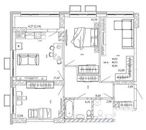 3-к квартира, вторичка, 86м2, 14/20 этаж