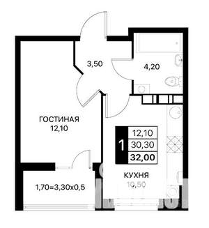 1-к квартира, вторичка, 32м2, 3/12 этаж