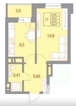 1-к квартира, сданный дом, 36м2, 13/21 этаж