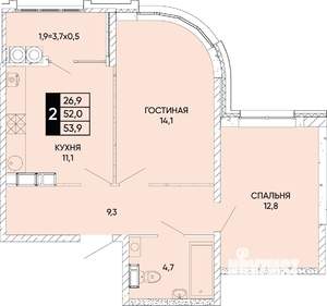 2-к квартира, вторичка, 54м2, 18/22 этаж