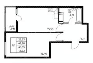 1-к квартира, вторичка, 46м2, 5/25 этаж