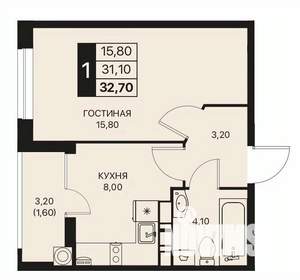 1-к квартира, строящийся дом, 33м2, 8/12 этаж
