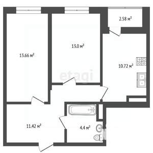2-к квартира, вторичка, 56м2, 13/21 этаж