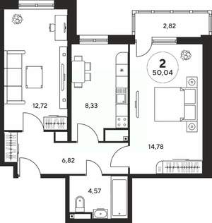 2-к квартира, вторичка, 50м2, 24/25 этаж