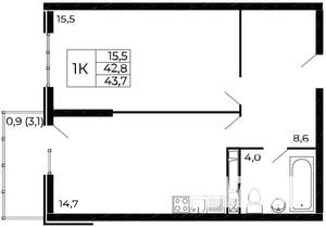 1-к квартира, вторичка, 44м2, 15/19 этаж