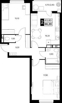 2-к квартира, вторичка, 66м2, 6/12 этаж