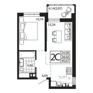 2-к квартира, вторичка, 40м2, 19/24 этаж