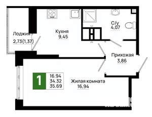 1-к квартира, вторичка, 36м2, 18/20 этаж