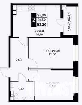 2-к квартира, вторичка, 55м2, 9/12 этаж