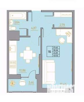 1-к квартира, вторичка, 43м2, 12/22 этаж