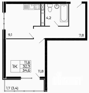 1-к квартира, вторичка, 35м2, 17/18 этаж