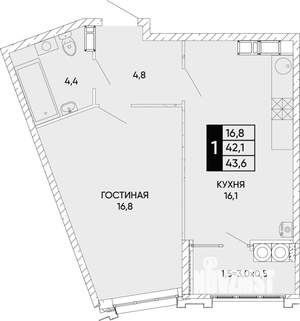 1-к квартира, вторичка, 44м2, 14/22 этаж