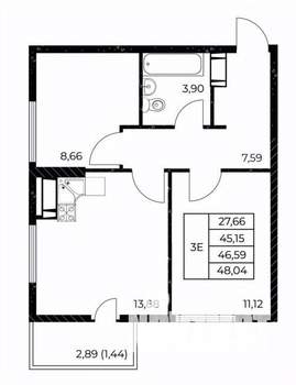 2-к квартира, вторичка, 48м2, 6/25 этаж