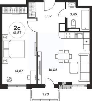 2-к квартира, вторичка, 42м2, 14/25 этаж