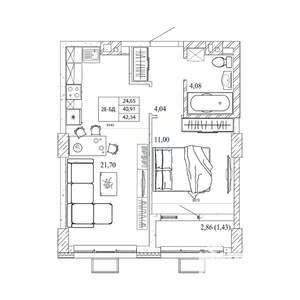 1-к квартира, строящийся дом, 44м2, 12/12 этаж