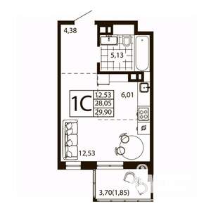 1-к квартира, строящийся дом, 30м2, 1/24 этаж