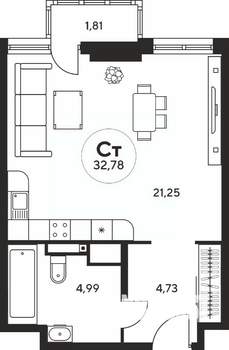 Студия квартира, вторичка, 33м2, 19/25 этаж