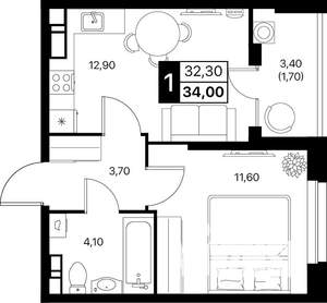 1-к квартира, строящийся дом, 34м2, 6/12 этаж