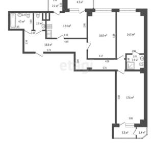 3-к квартира, вторичка, 94м2, 16/19 этаж