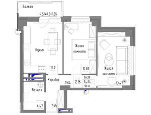 2-к квартира, строящийся дом, 58м2, 23/25 этаж