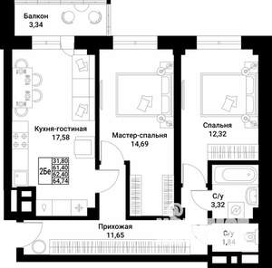 2-к квартира, вторичка, 62м2, 6/10 этаж