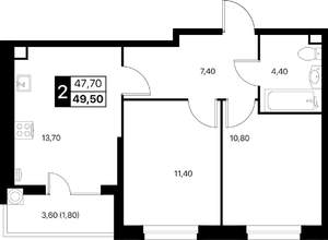 2-к квартира, вторичка, 50м2, 2/12 этаж