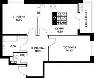 2-к квартира, вторичка, 64м2, 16/18 этаж