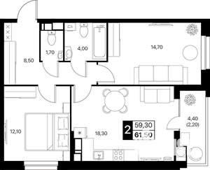 2-к квартира, вторичка, 62м2, 4/20 этаж