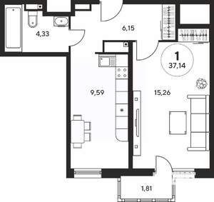 1-к квартира, вторичка, 37м2, 14/25 этаж