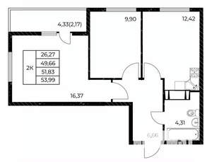2-к квартира, вторичка, 54м2, 17/25 этаж