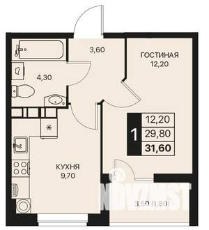 1-к квартира, вторичка, 32м2, 4/12 этаж