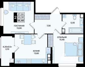 2-к квартира, вторичка, 55м2, 8/20 этаж
