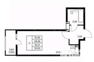 Студия квартира, вторичка, 32м2, 12/25 этаж
