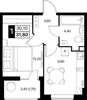 1-к квартира, вторичка, 32м2, 2/12 этаж