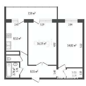 2-к квартира, вторичка, 54м2, 8/10 этаж
