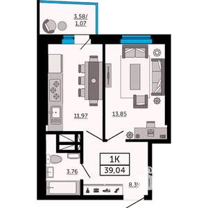 1-к квартира, строящийся дом, 39м2, 16/31 этаж