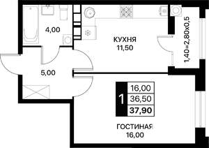 1-к квартира, вторичка, 38м2, 3/12 этаж