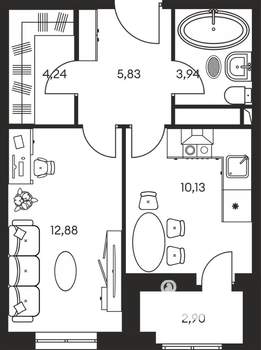 1-к квартира, строящийся дом, 40м2, 12/25 этаж