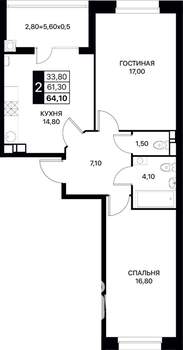 2-к квартира, вторичка, 64м2, 3/12 этаж