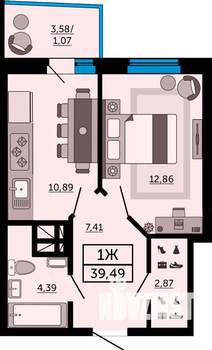 1-к квартира, строящийся дом, 39м2, 22/31 этаж