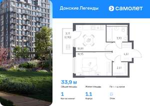 1-к квартира, вторичка, 34м2, 6/15 этаж