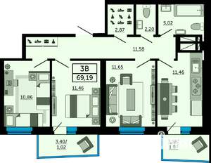 3-к квартира, вторичка, 69м2, 10/32 этаж