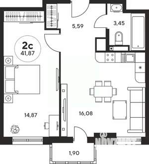2-к квартира, вторичка, 42м2, 22/25 этаж