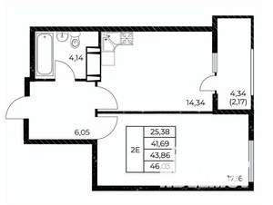 1-к квартира, вторичка, 46м2, 6/25 этаж